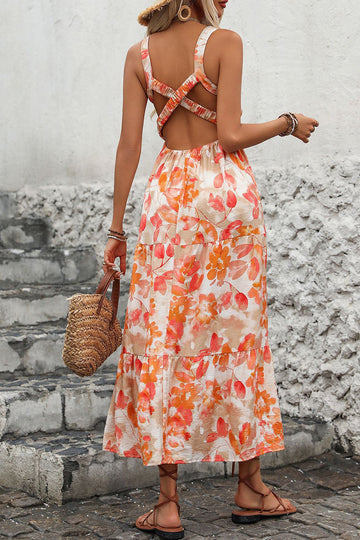 Orange Printed Square Neck A Line Long Summer Dress